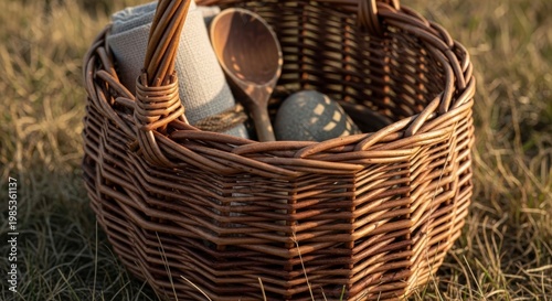 Wicker Picnic Basket Filled with Utensils and Supplies on Grassy Ground.