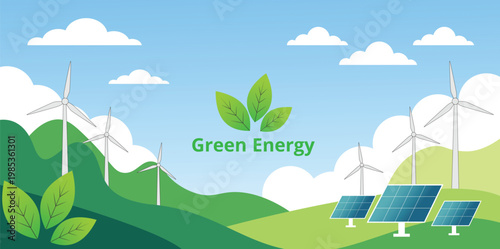 Eco-friendly landscape background with renewable energy resources and modern