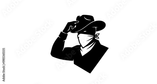 Black silhouette of a man in a cowboy hat and bandana, tipping his hat