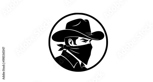Circular silhouette logo of a cowboy with a bandana covering his face