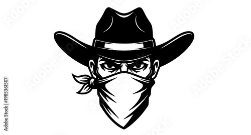 Black and white illustration of a cowboy with intense eyes wearing