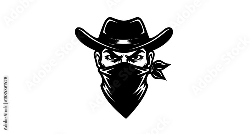 Black and white graphic of a determined cowboy face with a bandana