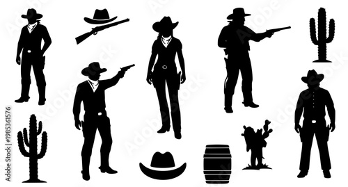 Wild west cowboy and cowgirl silhouettes collection with old west