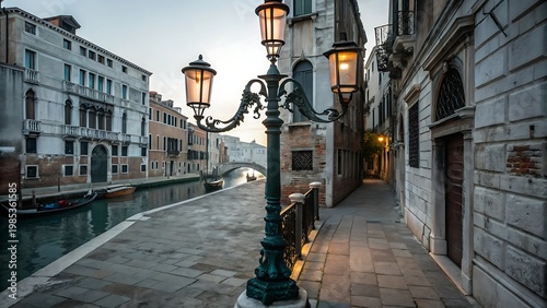 Venetian Canal with Gondola and Street Lamp at Dusk image photo