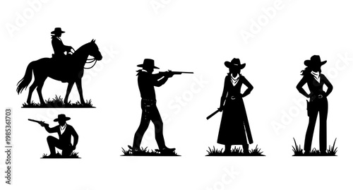 Wild west cowboy and cowgirl silhouettes with guns old west conflict