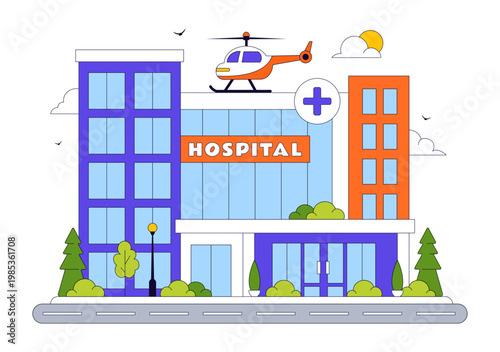 Hospital Building Vector Illustration Featuring Modern Healthcare Facility With Emergency Ambulance and Medical Center Exterior Design