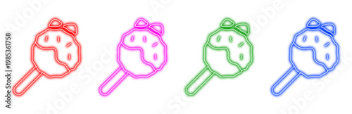 Set of colorful neon outlined cartoon ice cream popsicles on sticks with sprinkles and decorative bows, vibrant dessert treat icons for sweet menu designs.