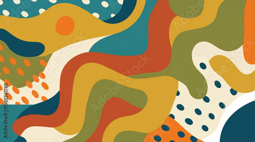 Abstract artistic rendition with flowing organic shapes in a warm retro-inspired color palette featuring playful dotted patterns; a dynamic visual expression of creative freedom and artistic harmony.