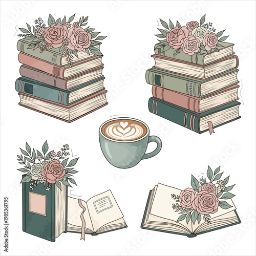 Cozy aesthetic collection featuring stacks of vintage books with pastel floral arrangements and warm latte art coffee cup for literary lifestyle art