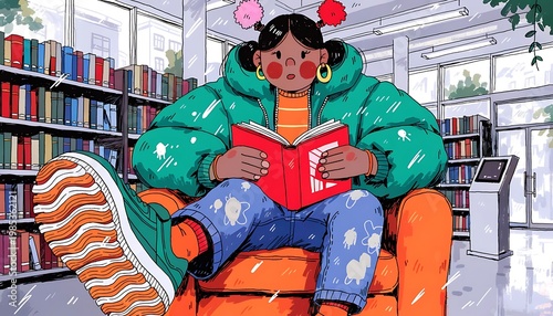 Young Person Reading a Book in a Library with Bookshelves Keywords: library, reading, book, bookshelf, person, young