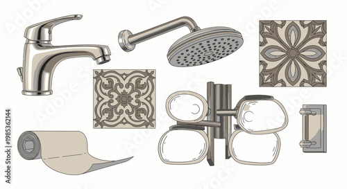 Bathroom Fixtures and Decorative Tiles Arrangement