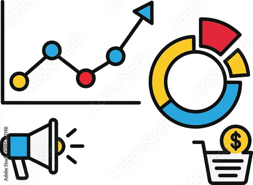 Business Growth Analytics Icons: Chart, Pie Chart, Megaphone, Shopping Cart