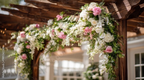 Elegant Wedding Archway Draped in Abundant White and Pink Floral Arrangements with Lush Greenery Under a Wooden Pergola on a Sunny Day