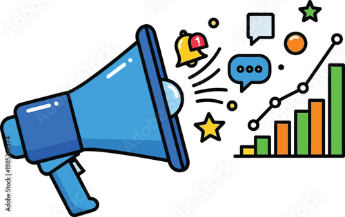 Megaphone Announcement with Business Growth Chart and Social Media Icons