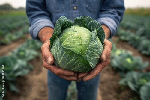 Farmer Hands Gently Holding Fresh Green Cabbage Covered in Water Droplets in a Field at Sunrise Agriculture Healthy Food Concept