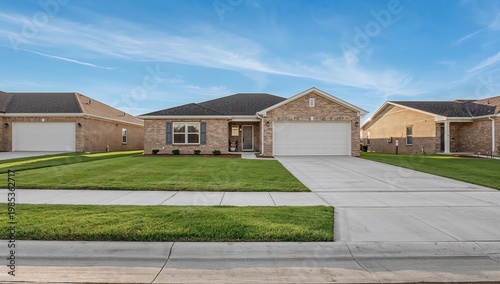 Contemporary houses aligned along street with landscaped lawns and driveways creating clean residential scene