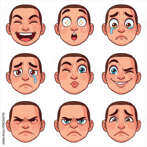 Set of expressive cartoon character face icons showing various emotions including joy sadness anger and surprise for social media and messaging apps