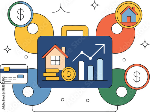 Illustration of comprehensive wealth management strategies and assets, vector concept showing diversified investments, portfolio charts, and financial planning tools, representing stability, growth