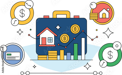 Illustration of comprehensive wealth management strategies and assets, vector concept showing diversified investments, portfolio charts, and financial planning tools, representing stability, growth