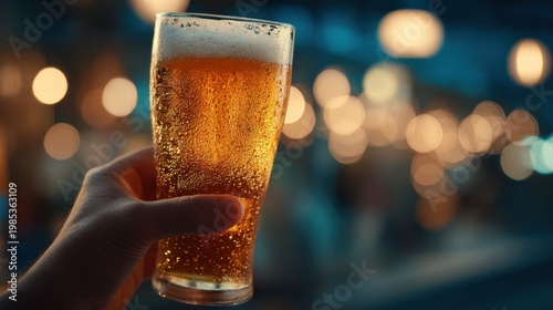 Hand Holding Frothy Golden Beer With Bubbles And Bokeh Lights In Background Evening Relaxation