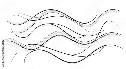 Abstract Black Brush Strokes Waves on White Background, Artistic Flowing Lines