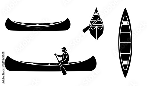 Canoe silhouettes vector set black boat icons isolated on white