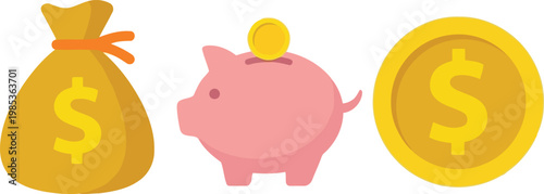 Money bag piggy bank gold coin with currency vector illustration