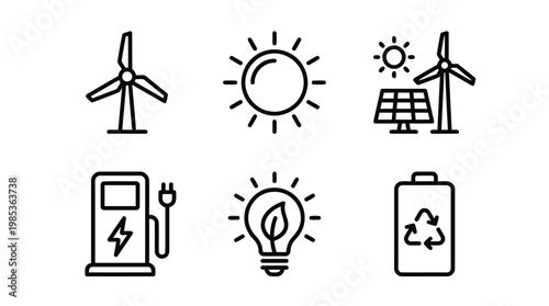 Renewable energy icons solar wind power and storage.