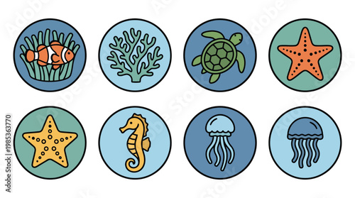 Set of marine life icons featuring sea creatures.