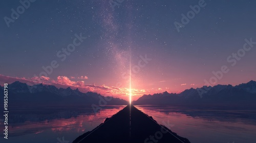 Pixelated digital landscape at dusk with a narrow dark path leading towards a brilliant sunrise over a calm lake reflecting the vibrant sky and distant mountains under a starry sky
