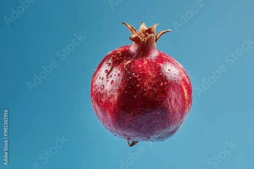 Ripe Red Pomegranate Fruit with Water Droplets Suspended Against a Clear Blue Sky Background Illuminated by Bright Studio Lighting