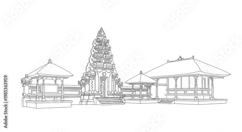 Balinese Temple Complex Illustration with Traditional Pavilions