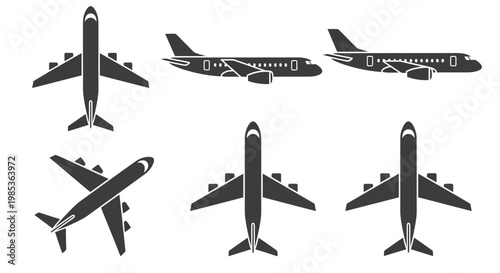 Airplane Icons Set, Different Views: Top, Side, Angle, Silhouette. Aviation and Travel.