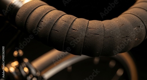Close-up of worn bicycle handlebar tape with textured detail.