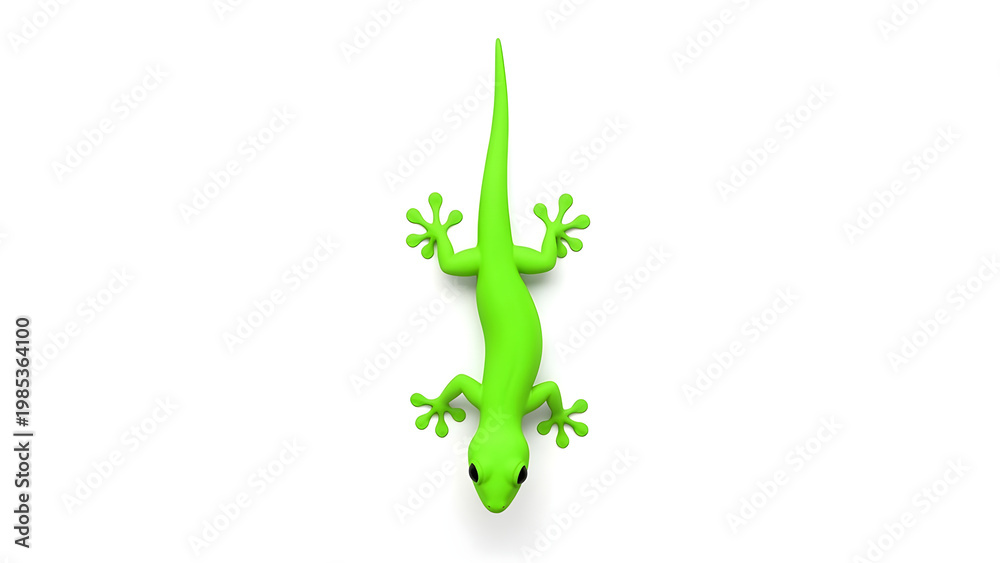 Fototapeta premium A vibrant green gecko clings upside down on a surface with its tiny feet.