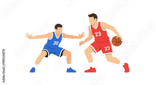 Basketball players dribbling and defending, dynamic sports illustration