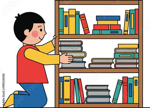Boy Organizing Bookshelf, Reading, Education, Learning, Library, Knowledge, Childhood