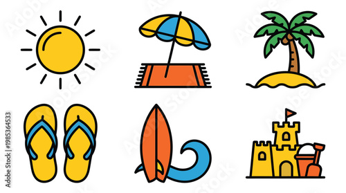 Beachside icons set including sun umbrella palm tree flipflops surfboard sandcastle.