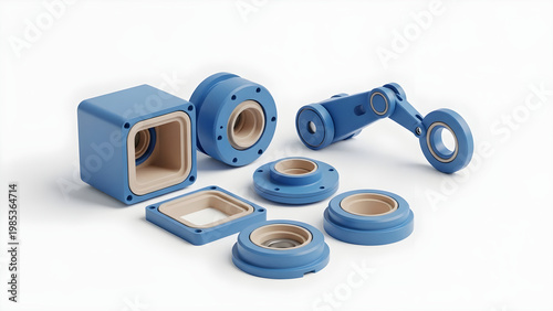 Disassembled blue industrial connectors and components on a white surface