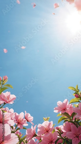 Nature background featuring radiant sunlight and blooming flowers forming structured composition with strong visual focus