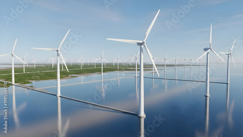 Wind turbines stand in a serene body of water under a clear blue sky with green land