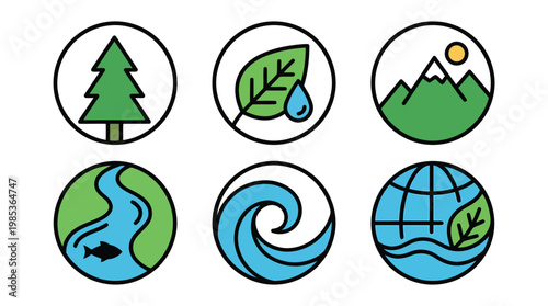 Circular eco icons representing nature environment and sustainability.