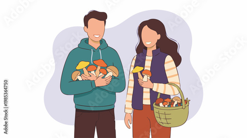 Happy couple holding freshly picked mushrooms and a basket of berries