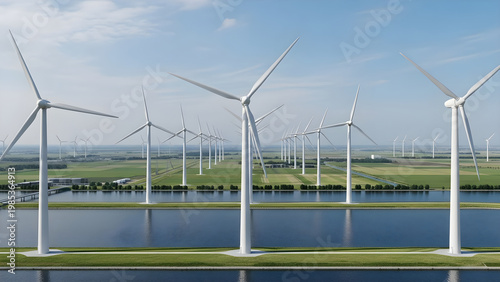 Wind turbines spinning near a serene lake on a sunny day with green landscape