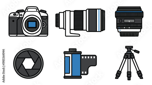 Camera Gear and Lenses Arrangement with Tripod and Accessories.