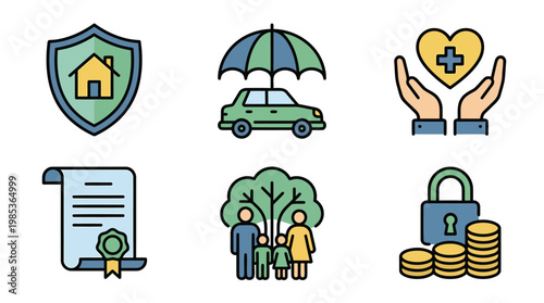 Insurance protection icons shield umbrella and security symbols.