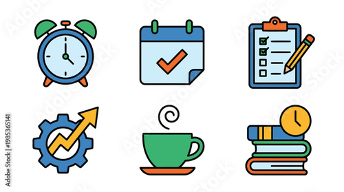 Set of productivity icons representing time management and learning.