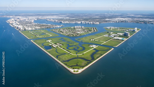 Aerial view of a triangular shaped island with green landscape and blue water