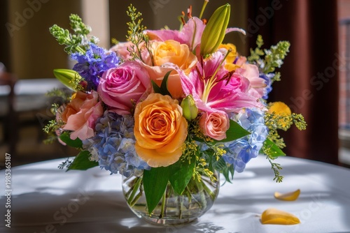 Vibrant Floral Arrangement Featuring Pink Roses Orange Roses Blue Hydrangeas and Pink Lilies in a Glass Vase with Soft Lighting and Water Droplets on Petals