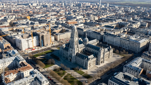 Aerial view of a large historic cathedral surrounded by buildings in a city